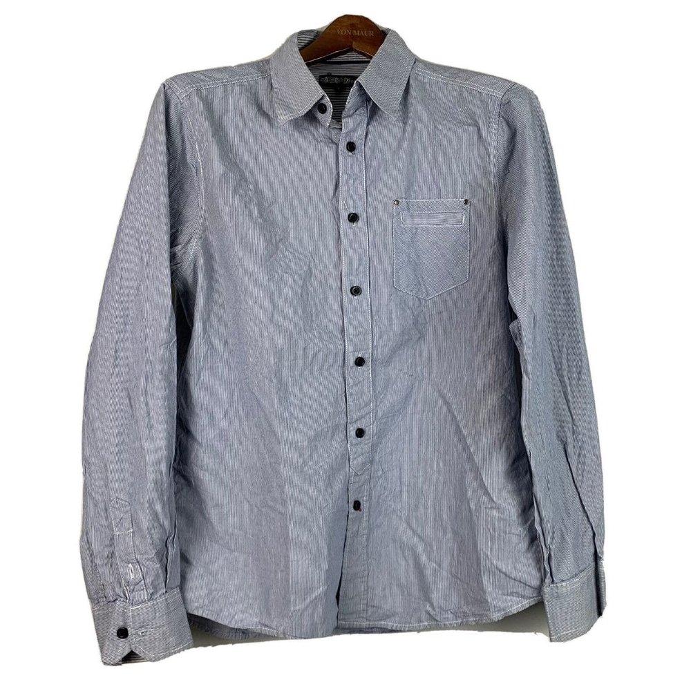 Recess Men’s Large Long Sleeve Button Front Dress Shirt Blue White Striped